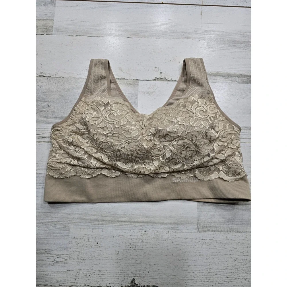 Sankom Patent Lace Bra Beige‎ Nude Posture Support Wireless Bralette XL-XXL